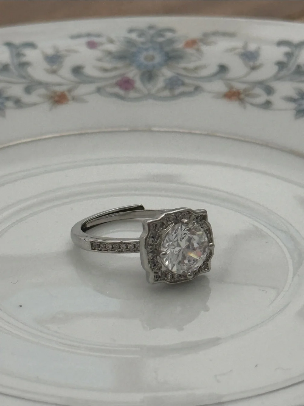 Large CZ rhodium plated adjustable size women’s ring size 8-12